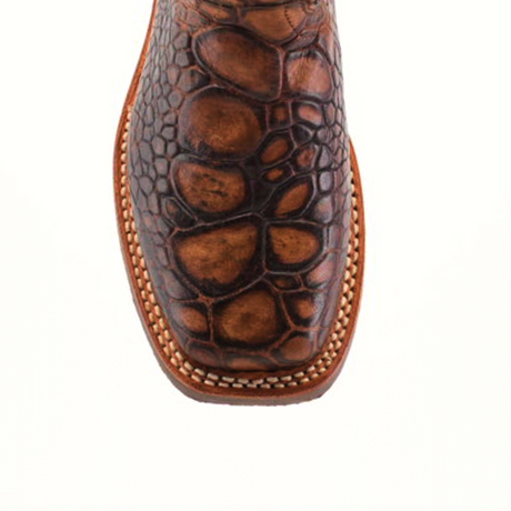 Close-up of a Loggerhead Turtle Print brown Rodeo Toe boot crafted from premium cowhide leather with detailed stitching and textured turtle print on a plain white background.