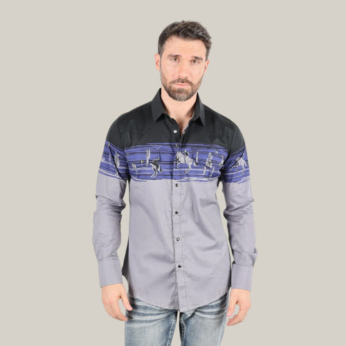 Modern Fit Cotton Stretch Rodeo Panoramic Print Shirt -  AZL9941