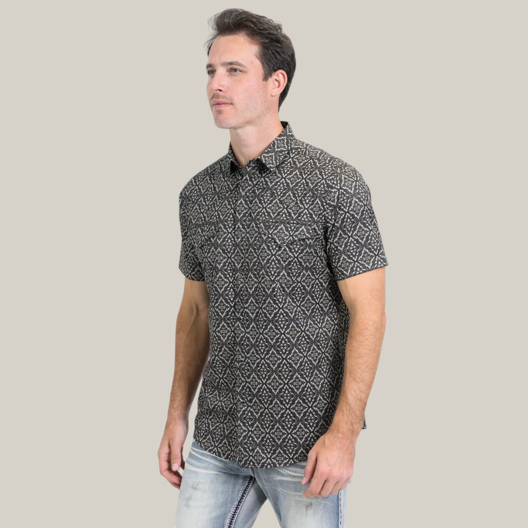 Mens Performance Western Short Sleeve Aztec Print Black/Brown Shirt - PGW10635