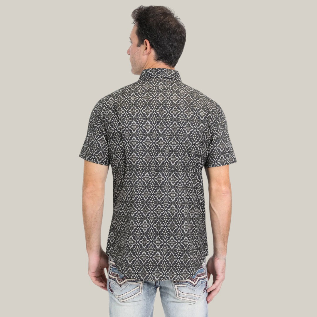 Mens Performance Western Short Sleeve Aztec Print Black/Brown Shirt - PGW10635