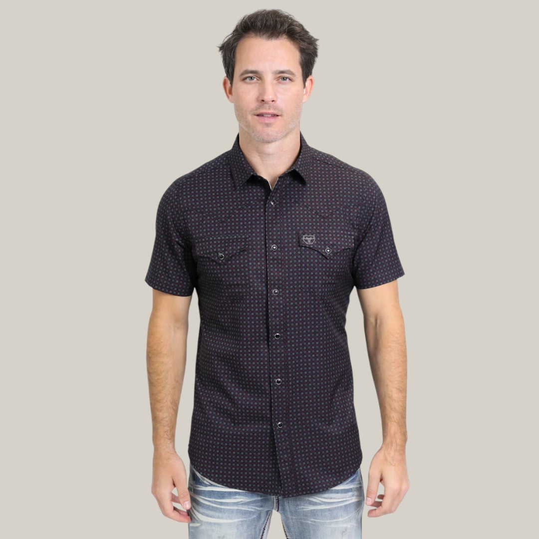 Mens Performance Western Short Sleeve Aztec Print Black Shirt - PGW10639