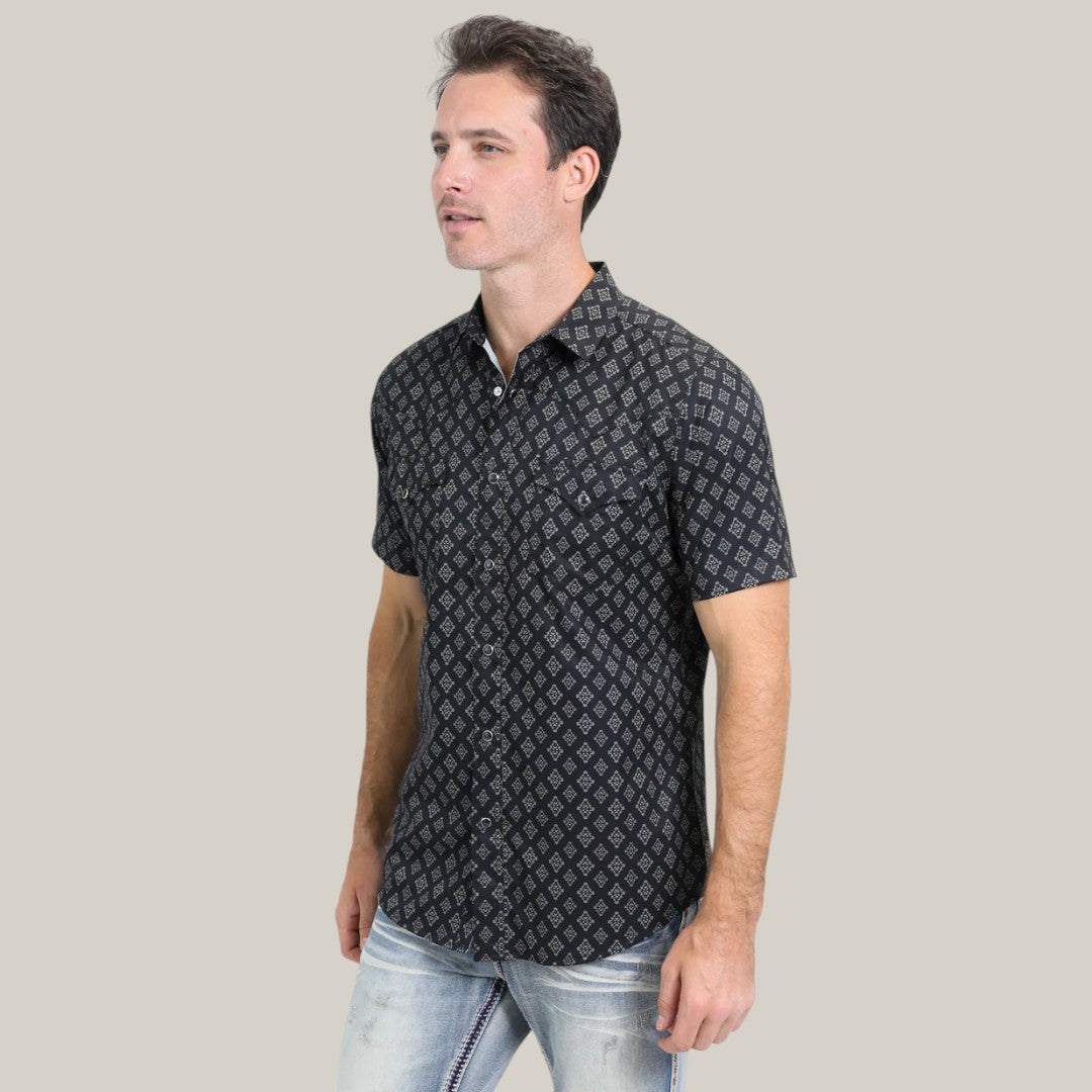 Mens Performance Western Short Sleeve Aztec Print Black Shirt -  PGW10630