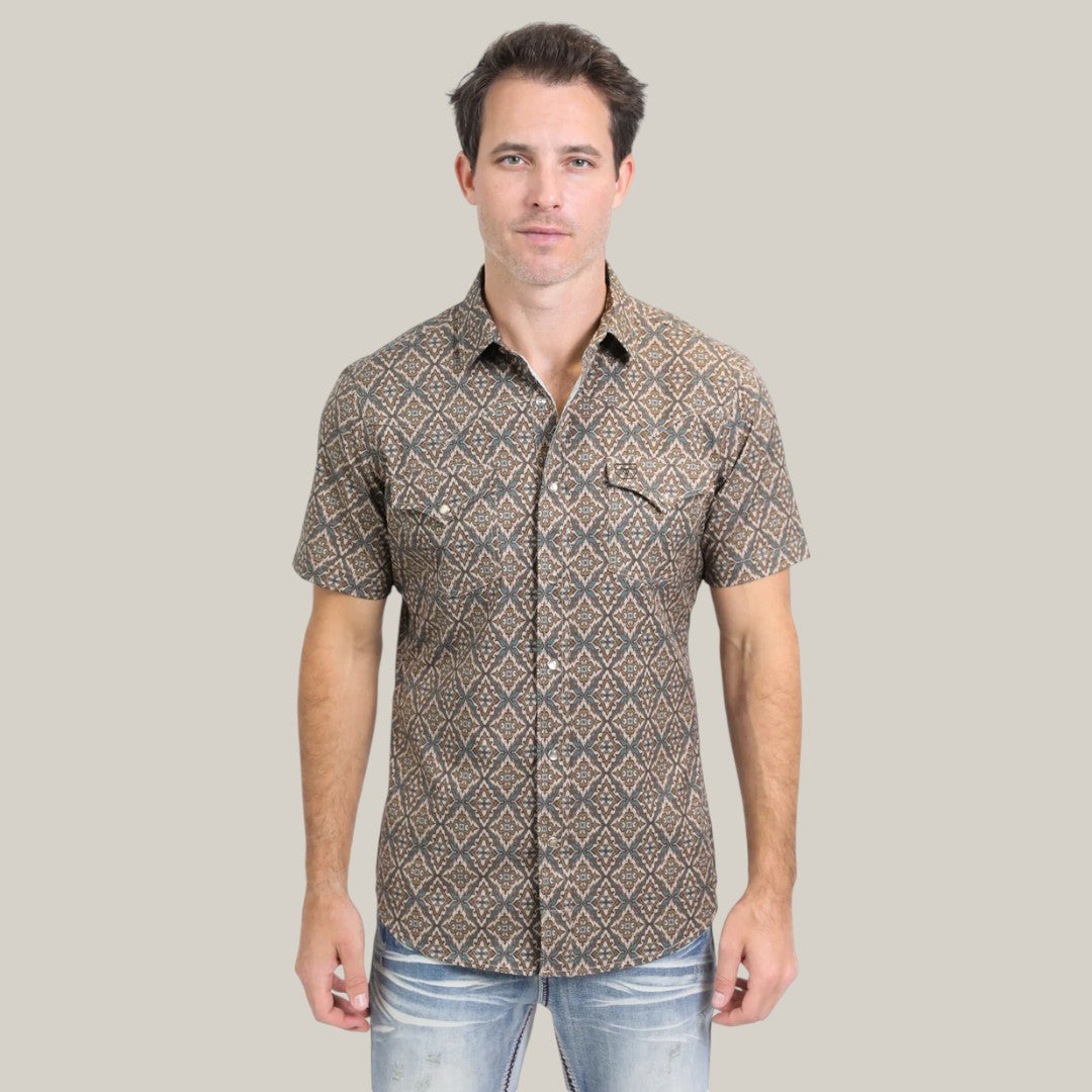 Mens Performance Western Short Sleeve Aztec Print Brown Shirt - PGW10638