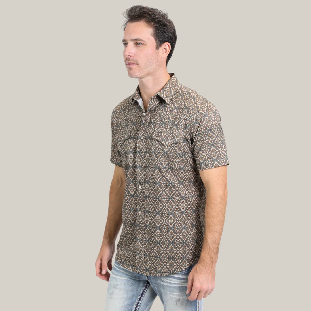 Mens Performance Western Short Sleeve Aztec Print Brown Shirt - PGW10638