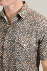 Mens Performance Western Short Sleeve Aztec Print Brown Shirt - PGW10638