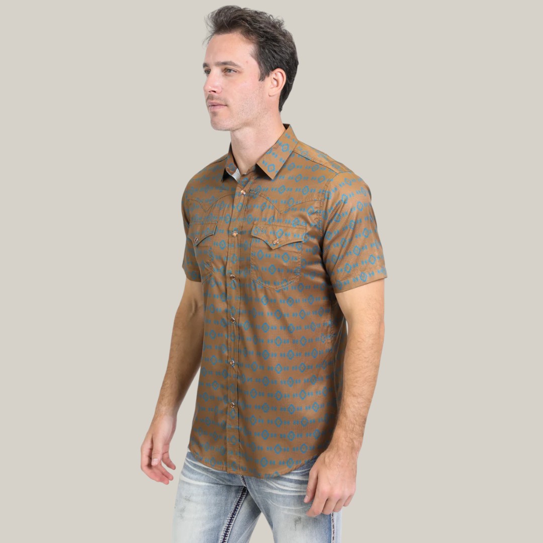 Mens Performance Western Short Sleeve Aztec Print Camel Shirt - PGW10613