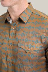 Mens Performance Western Short Sleeve Aztec Print Camel Shirt - PGW10613