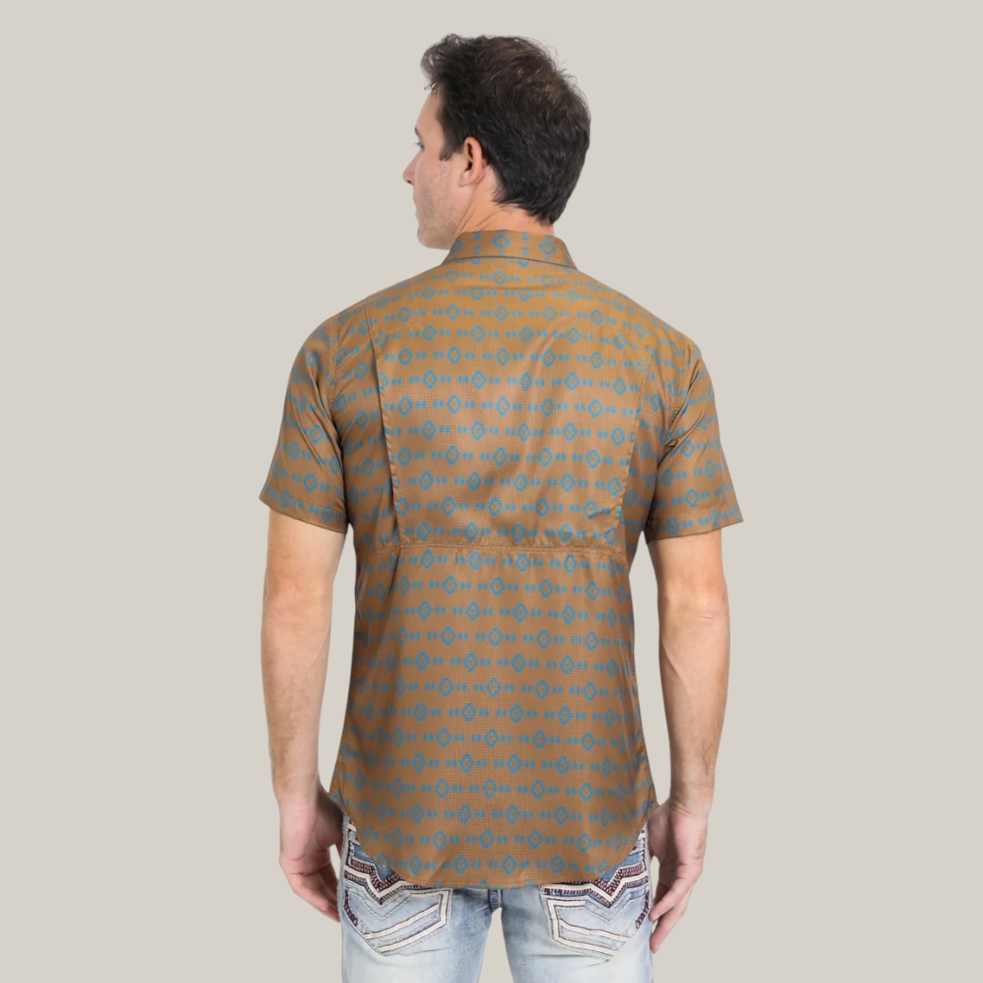 Mens Performance Western Short Sleeve Aztec Print Camel Shirt - PGW10613