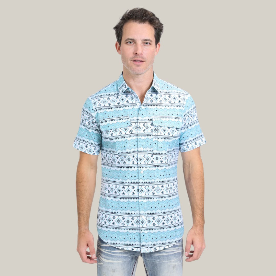 Mens Performance Western Short Sleeve Aztec Print White Shirt -  PGS10627