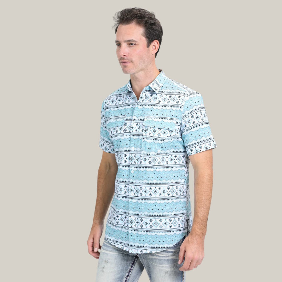 Mens Performance Western Short Sleeve Aztec Print White Shirt -  PGS10627