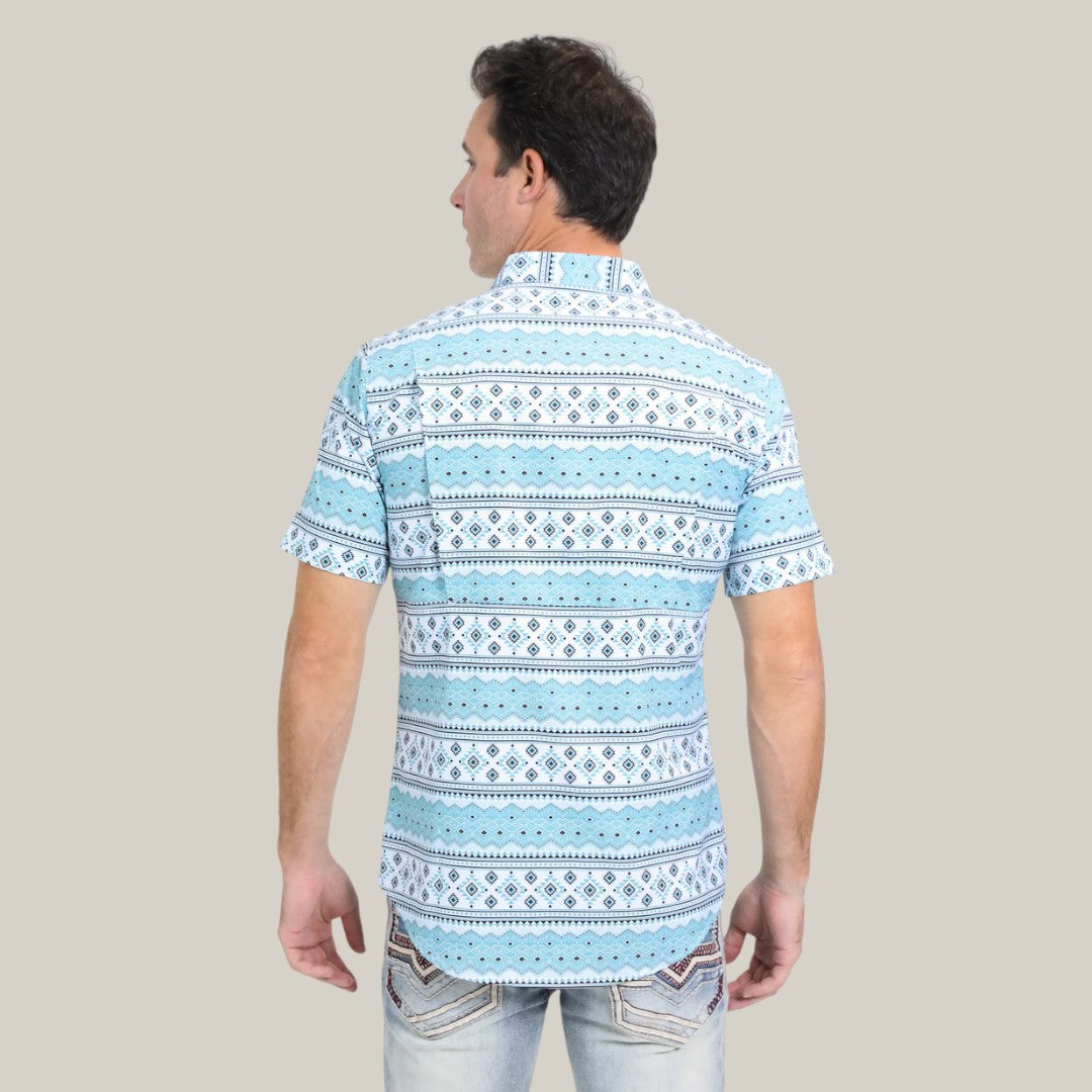 Mens Performance Western Short Sleeve Aztec Print White Shirt -  PGS10627