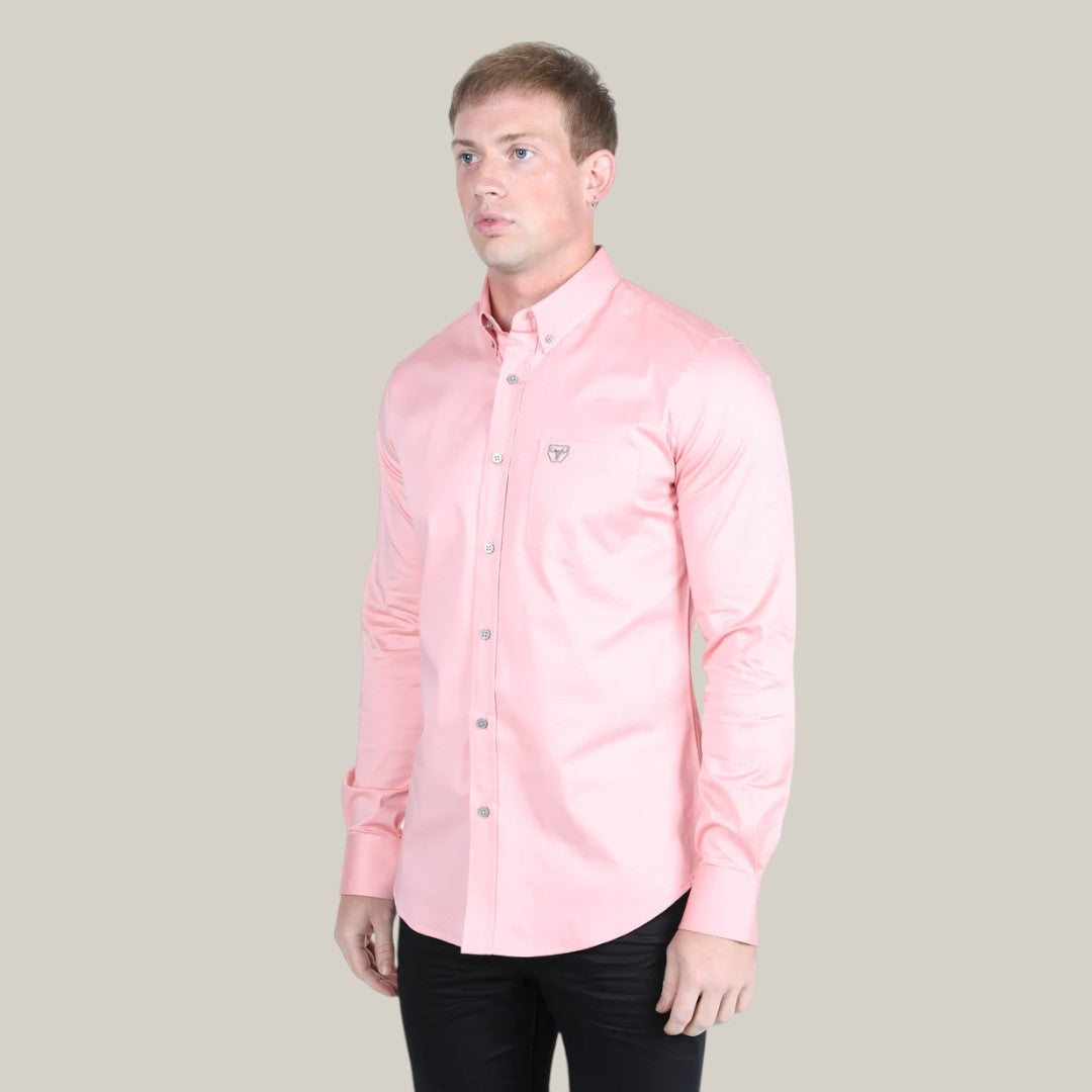 Men’s Single Pocket Logo Modern Fit Stretch Dress Shirt - Pink - CTL9826