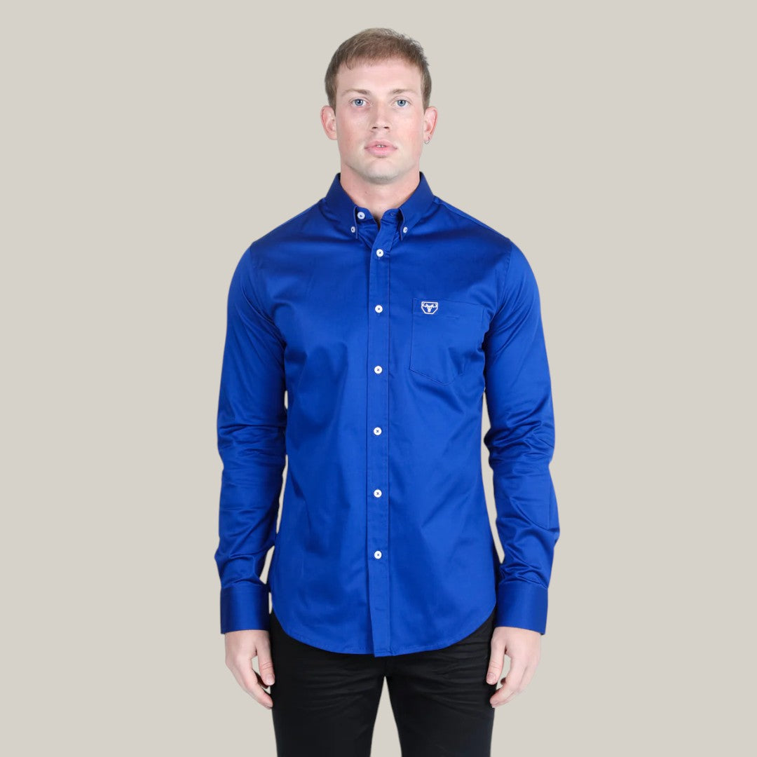 Men’s Single Pocket Logo Modern Fit Stretch Dress Shirt - Royal Blue