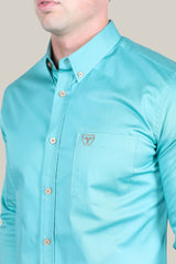 Men’s Single Pocket Logo Modern Fit Stretch Dress Shirt - Turquoise - CTL9829