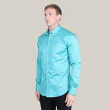 Men’s Single Pocket Logo Modern Fit Stretch Dress Shirt - Turquoise - CTL9829