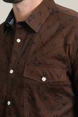 Mens Western Modern Fit Spandex Long Sleeve Brown Shirt with Snaps - WPL10487