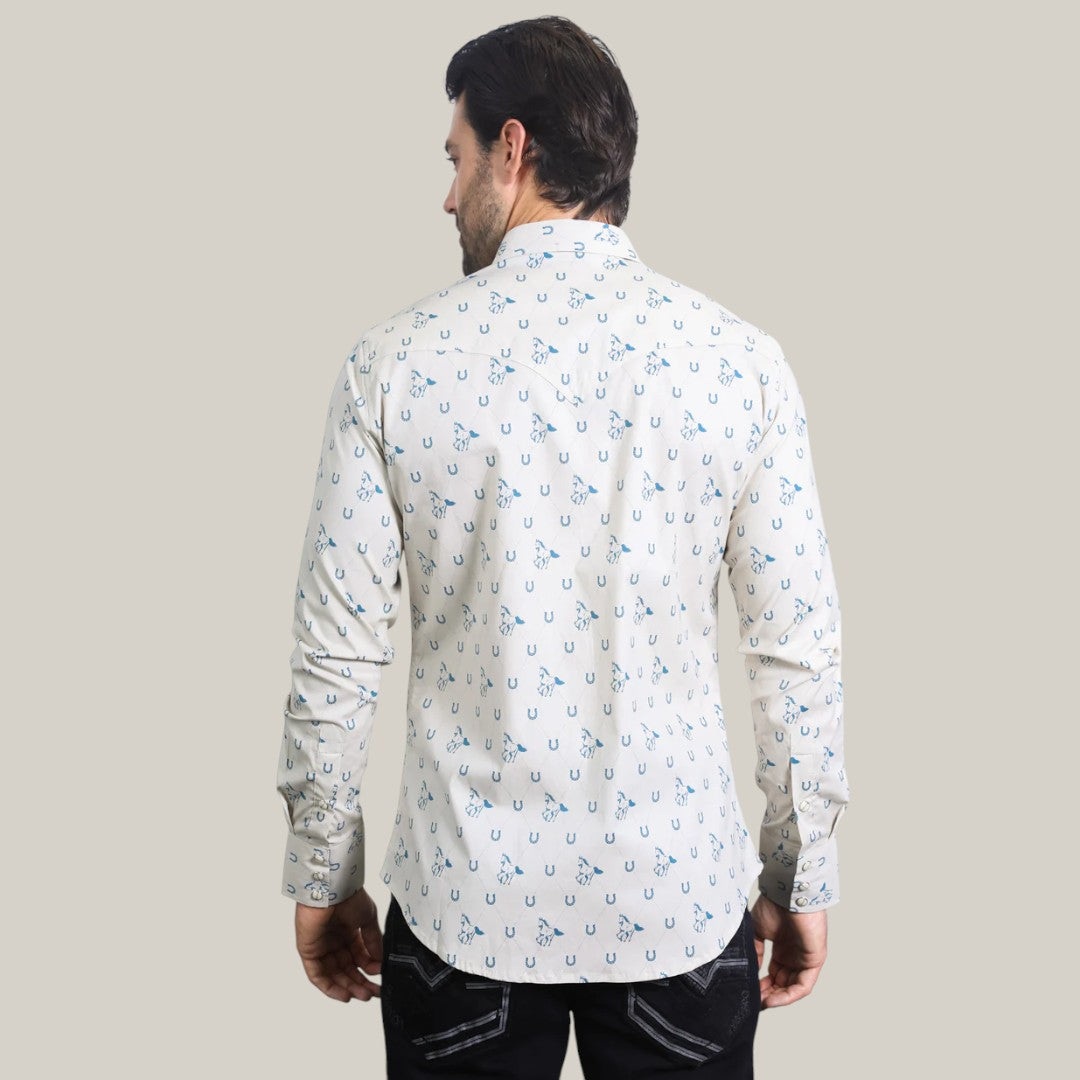 A man models the Mens Western Modern Fit Spandex Long Sleeve Lt. Grey Shirt with Snaps (WPL10485), displaying a blue horseshoe pattern on a white button-up, from the back against a plain backdrop.