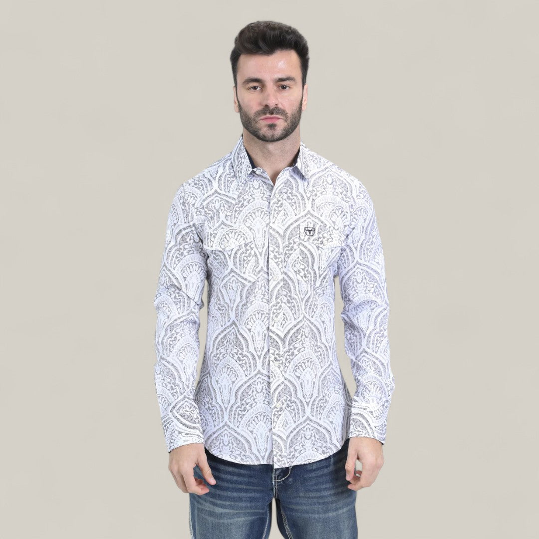 Mens Western Modern Fit Cotton/Spandex Long Sleeve White Shirt with Sn Gomez Western Wear Mens Western Modern Fit Cotton/Spandex Long Sleeve White Shirt with Sn Gomez Western Wear