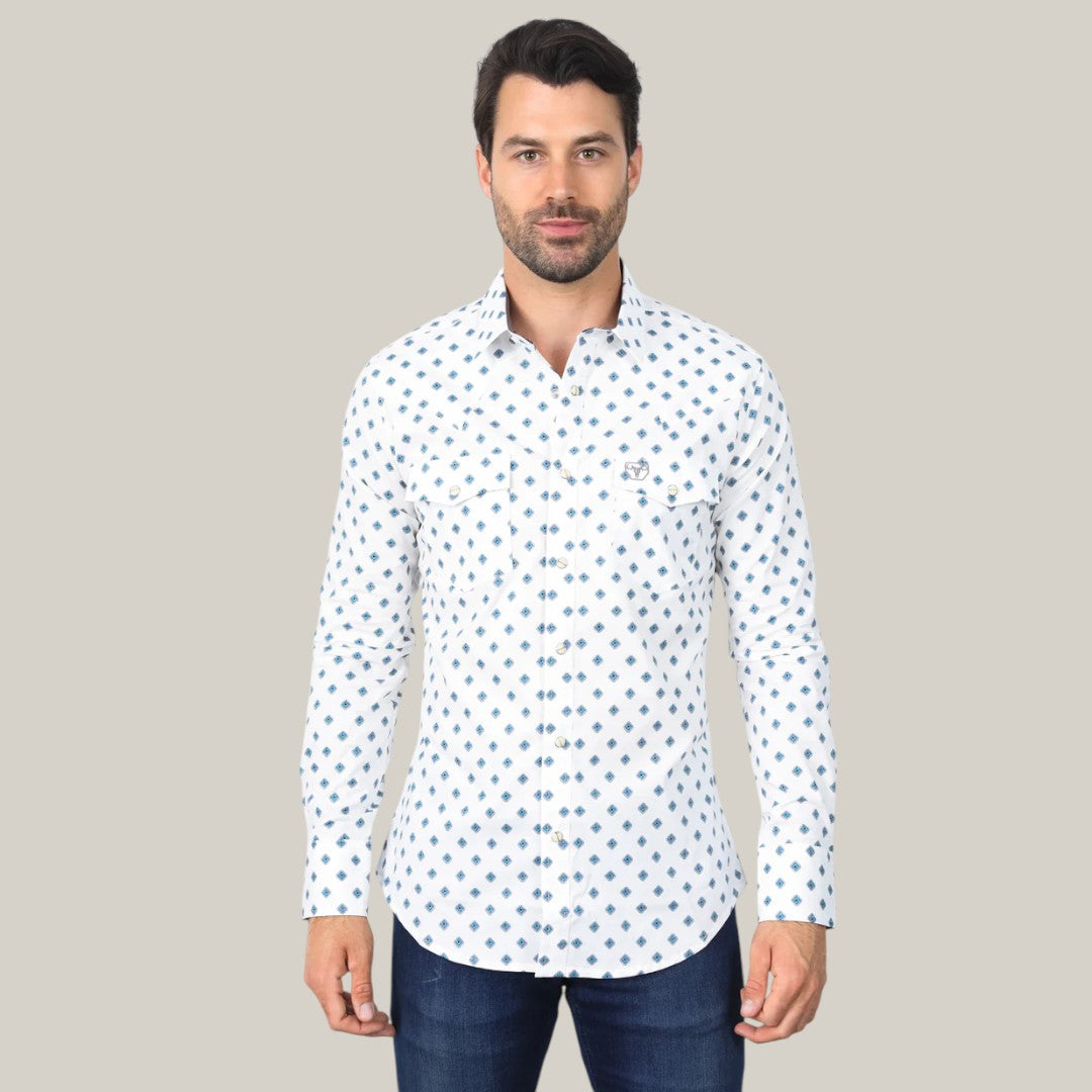 Mens Western Modern Fit White Long Sleeve Shirt with Snaps -  WPL10387