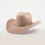 The 6X Chihuahua Belly is a beige cowboy hat made from premium sheep wool, featuring a wide brim and a decorative band with metallic accents around the crown on a plain white background.