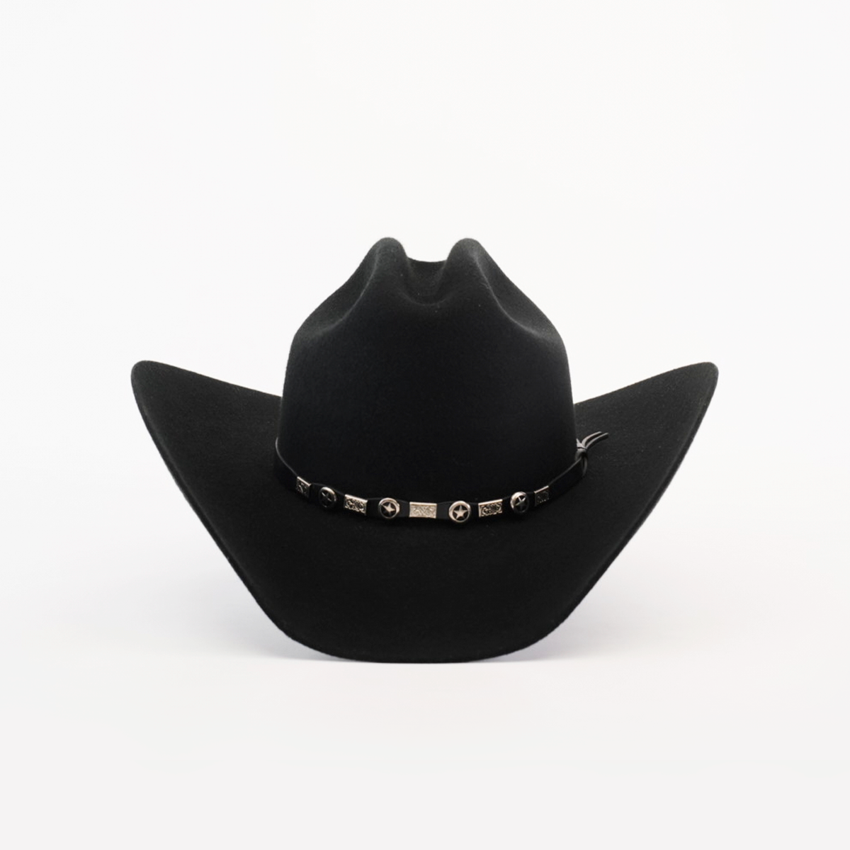 The 6X Country Black felt cowboy hat showcases a wide brim and a decorative leather band with circular and rectangular silver elements around the crown, set against a plain white background.