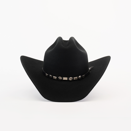 The 6X Country Black felt cowboy hat showcases a wide brim and a decorative leather band with circular and rectangular silver elements around the crown, set against a plain white background.