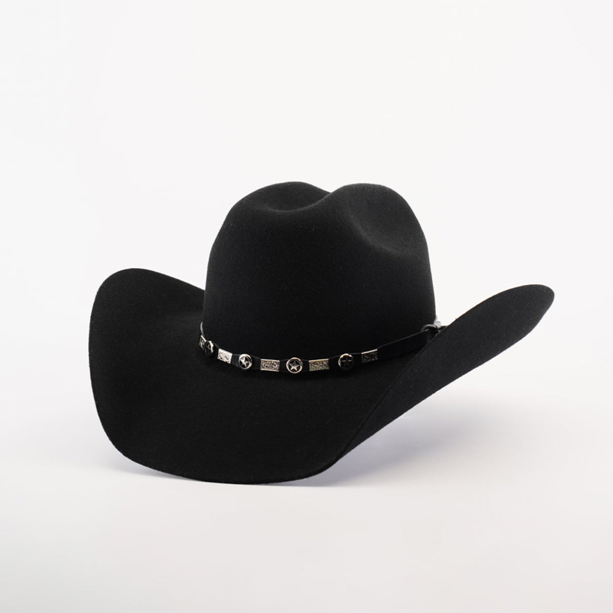 Experience luxury western wear with the 6X Bull Black cowboy hat, a premium felt design featuring a slightly curved brim and a decorative band with metallic accents around the crown, set against a plain white background.