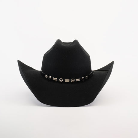 The 6X Bull Black is a luxurious western hat featuring a curved brim and a decorative band with silver emblems, standing elegantly against the plain white background.