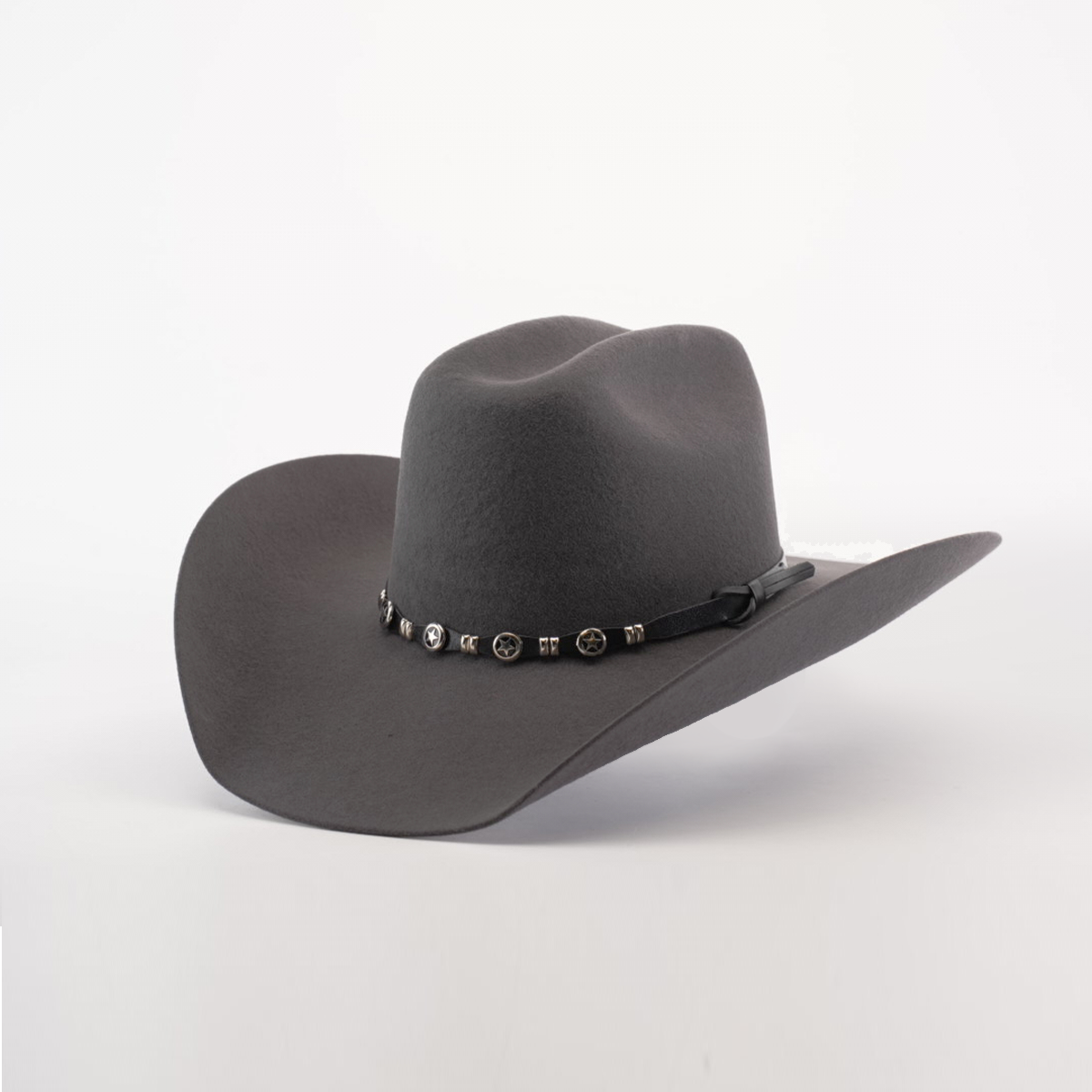 The 6X Bull Oxford, a luxurious gray felt cowboy hat with a wide brim and a decorative band adorned with small round metal accents, is elegantly displayed against a plain white background.