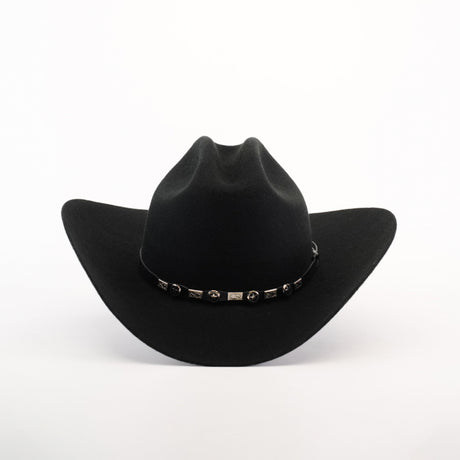 The 6X Sinaloa Black cowboy hat features a wide brim and a decorative band with silver embellishments, capturing Western heritage on a plain white background and paying stylish tribute to cowboy tradition.