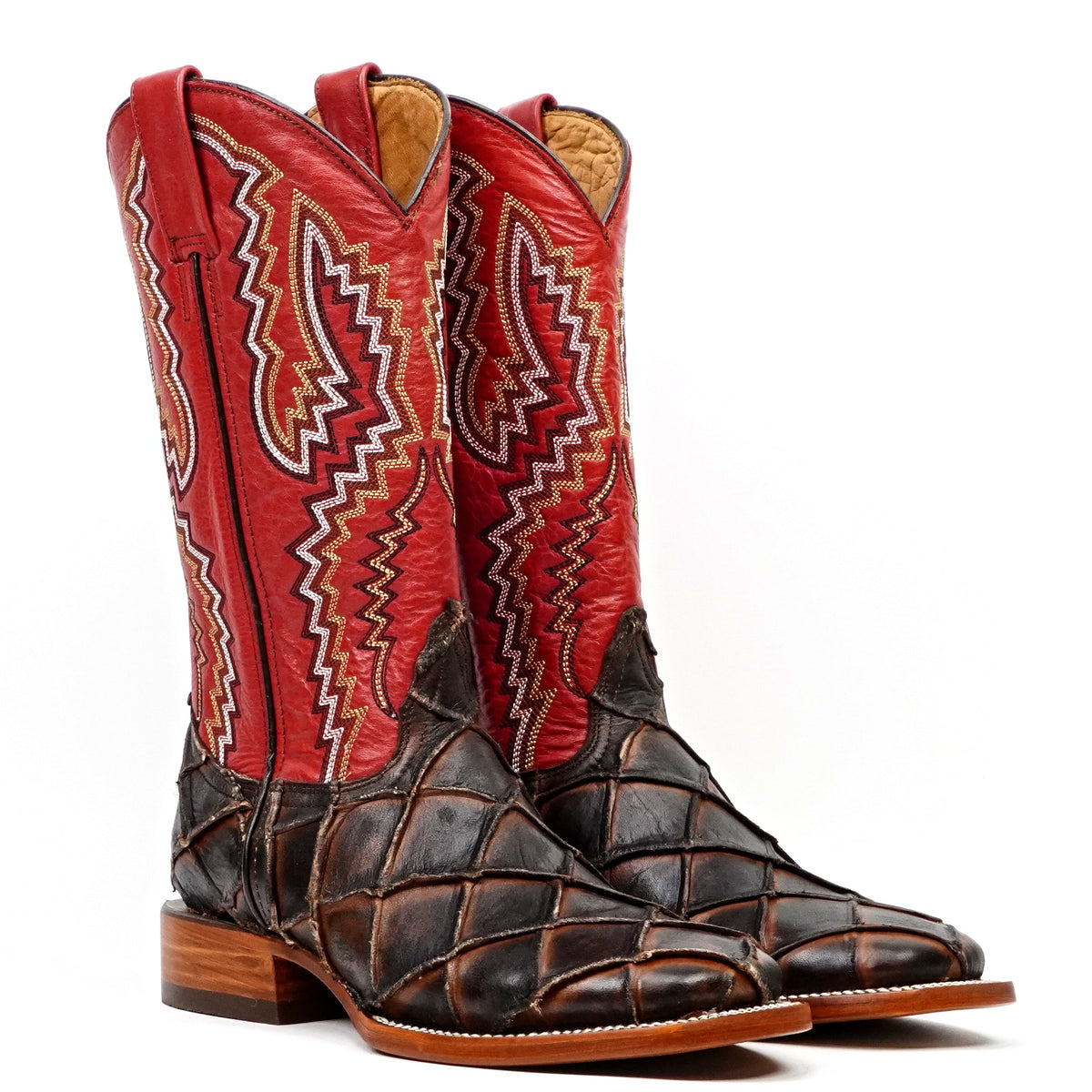Pirarucu Fish Tobacco Boots - Embossed Leather - Square Toe (E962) - Gomez Western Wear