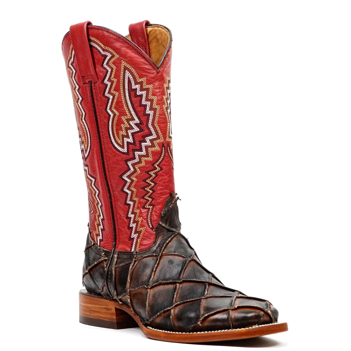 Pirarucu Fish Tobacco Boots - Embossed Leather - Square Toe (E962) - Gomez Western Wear