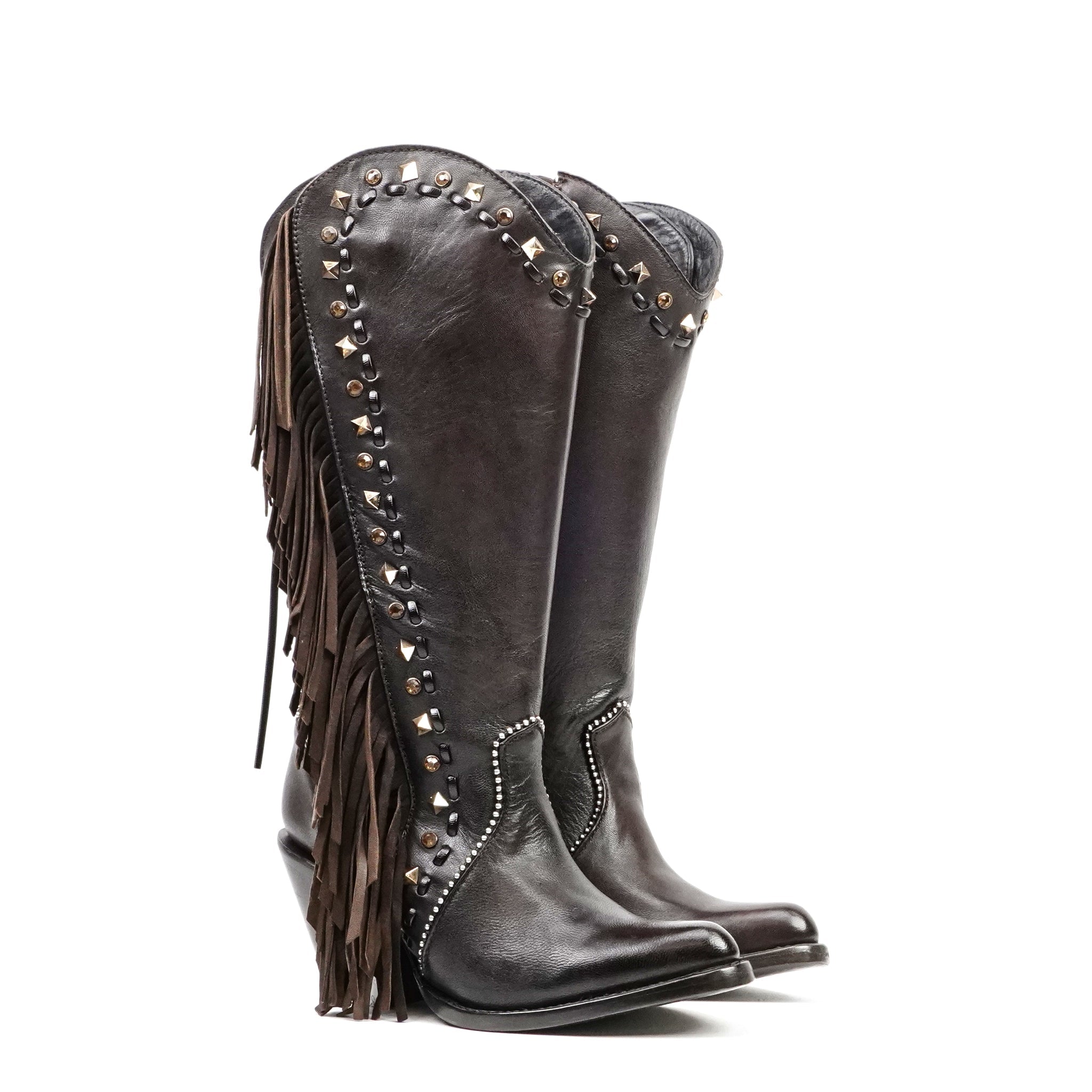 フリンジ ウエスタンレザーブーツ Western Leather Boots Praga Chocolate Brown Frills Boots - J Toe - Gomez Western Wear