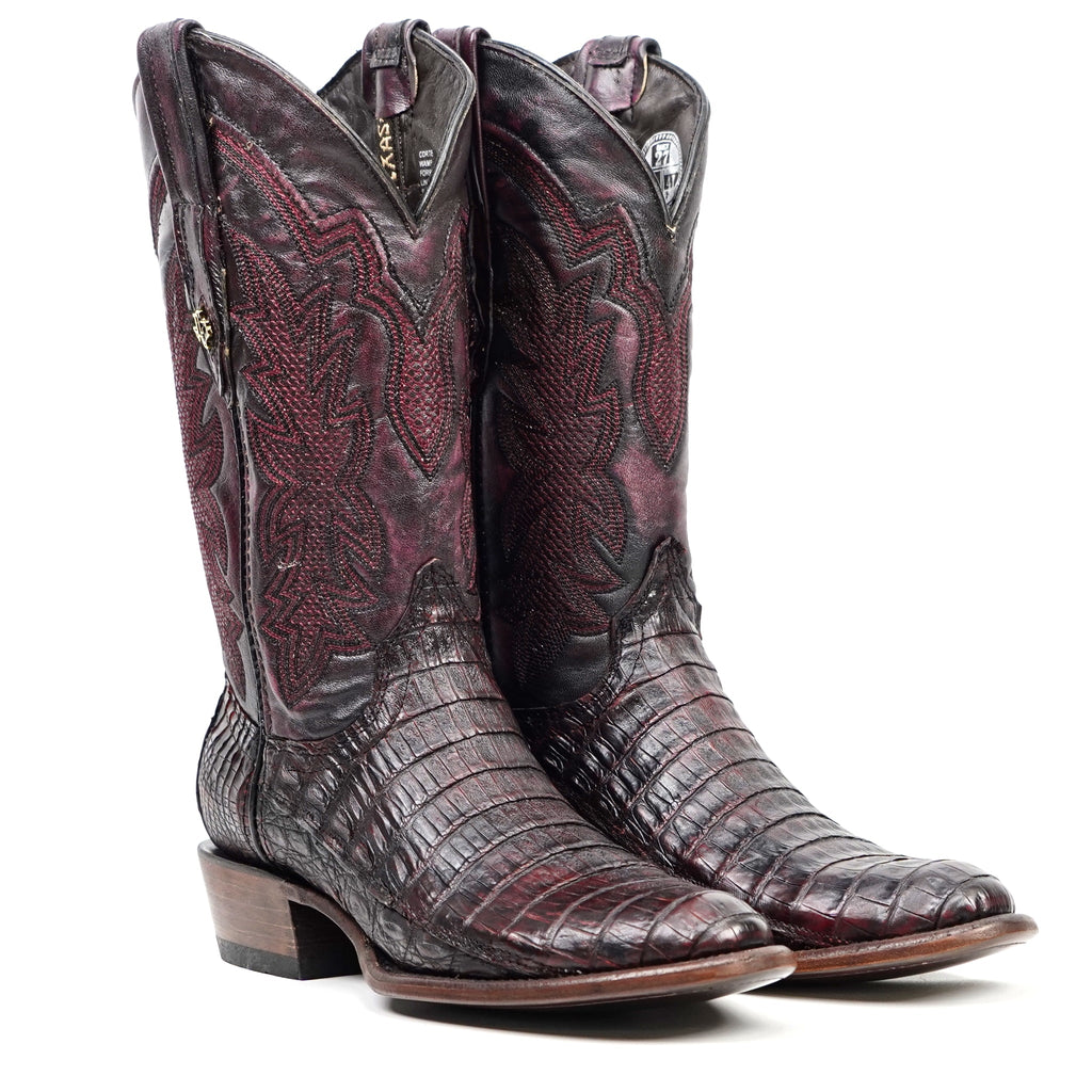 Rhodes Caiman Belly Boots - Black Cherry - Roper Toe (LM220) - Gomez Western Wear