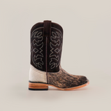 The Cowhide Hair Fawn Square Toe boot features a dark leather upper, intricate stitching, and a light-colored lower section. Crafted from cowhide hair with a rich fawn finish, it boasts a sturdy wooden heel and square toe, and is shown facing left against a plain white background.