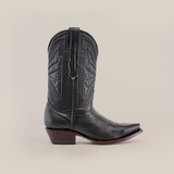 The Plane Jane Black-Short Shaft-Snip Toe boots feature premium leather with intricate Western-style stitching, set against a plain white background. These cowboy boots showcase a snip toe and classic wooden heel.