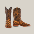 A handcrafted pair of Big Bass Pirarucu Print Rustic Honey boots, featuring a textured pattern in rich brown and tan hues. Made from premium cowhide, they have a square toe, slightly raised heel, and decorative stitching along the shaft with one boot facing forward and the other angled.