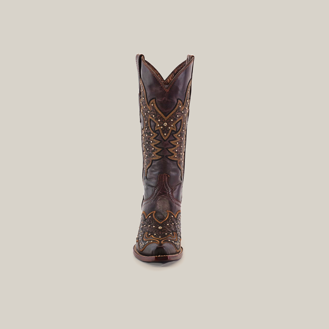 A Beautiful Matte Chocolate Mid Shaft boot with intricate patterns on a white base. This snip toe features premium brown leather with decorative accents, highlighting a handcrafted traditional Western style.