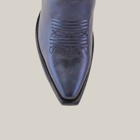 Top view of a single Valentina Navy cowboy boot with decorative stitching on the snip toe and elaborate embroidery on the tall shaft, set against a plain white background.