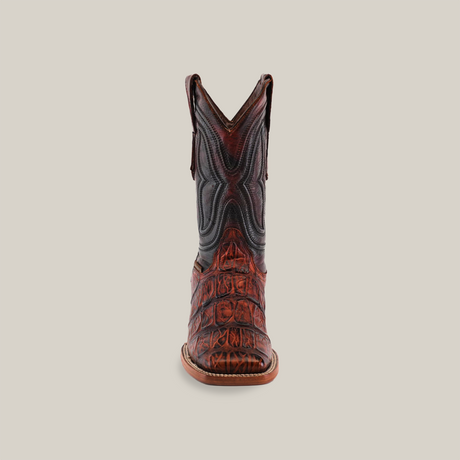 The Gator Print Cogñac - Square Toe cowboy boot, made from premium cowhide leather with intricate stitching and rich texture, is displayed upright on a plain white background.