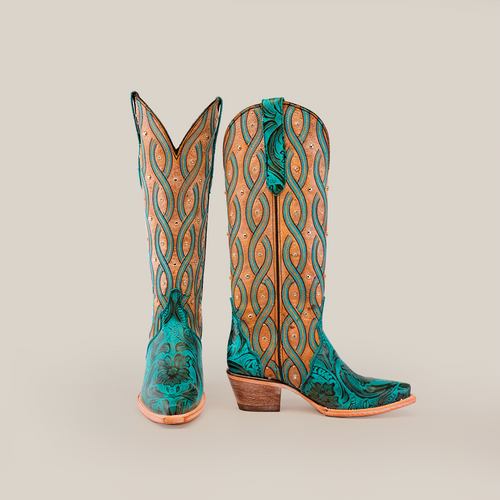 Premier Turquoise Handtooled Flowers - Tall Shaft - Snip Toe