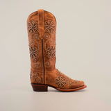 The Napoles Crystals Flowers Fawn boot, handcrafted from premium leather, features intricate floral and swirl embroidery with a medium heel and pull tab for easy wear. Set against a plain white background, its exquisite design is highlighted.