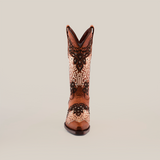 A Faenza Crystals Tabaco - Mid Shaft - Snip Toe boot is showcased against a white backdrop, featuring intricate black and white embroidery on luxurious brown leather, with patterns adorning the foot, shaft, and toe.