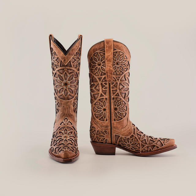 A pair of Vitralli Crystals - Mid Shaft - Snip Toe brown cowboy boots featuring intricate floral cutouts on the shaft and foot, accented with crystals. One boot faces forward, the other shows a side view against a plain white background.