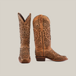 An intricately designed pair of Vitralli Crystals Fawn - Mid Shaft - Narrow Square Toe boots features floral patterns and crystal embellishments on brown leather. One handcrafted boot stands upright, while the other is turned to reveal its side, set against a plain white background.