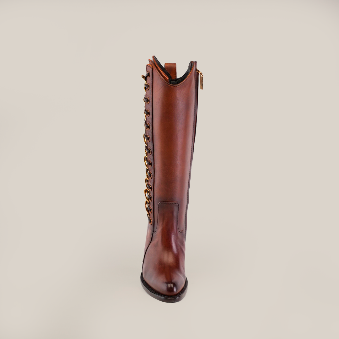 The Francia Rings Tall Shaft Tan - J Toe boot, crafted from premium leather with decorative side chain detail, is set against a white background. It features a sleek design with a visible side zipper and high shine finish, part of the exclusive Platinum Collection.