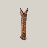 A single Rania Copper boot is displayed against a white background, showcasing intricate patterns, stitching, decorative embroidery, and a snip toe design for a classic Western style.