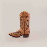 The Croella Fawn Crystals - Short Shaft - Snip Toe is a single brown cowboy boot with intricate decorative stitching and crystal embellishments. It features a pointed toe and short heel, set against a plain white background, exuding elegance and style.