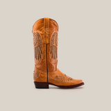 A single brown Texas Cross Glitterbomb Orix cowboy boot in premium leather showcases intricate stitching and wing-like designs on the shaft and toe. It features a narrow square toe and low heel, shown against a white background from a side view.