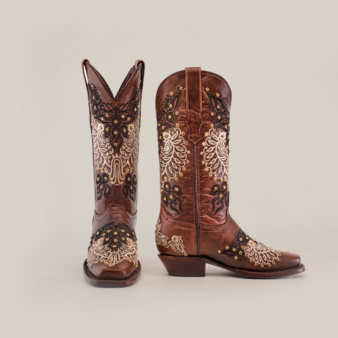 Faenza - Brown Crystals Mid Shaft Boots - Narrow Square Toe (E304